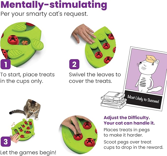 Green leaf-shaped cat puzzle treat feeder with red ladybug pegs, instruction graphic