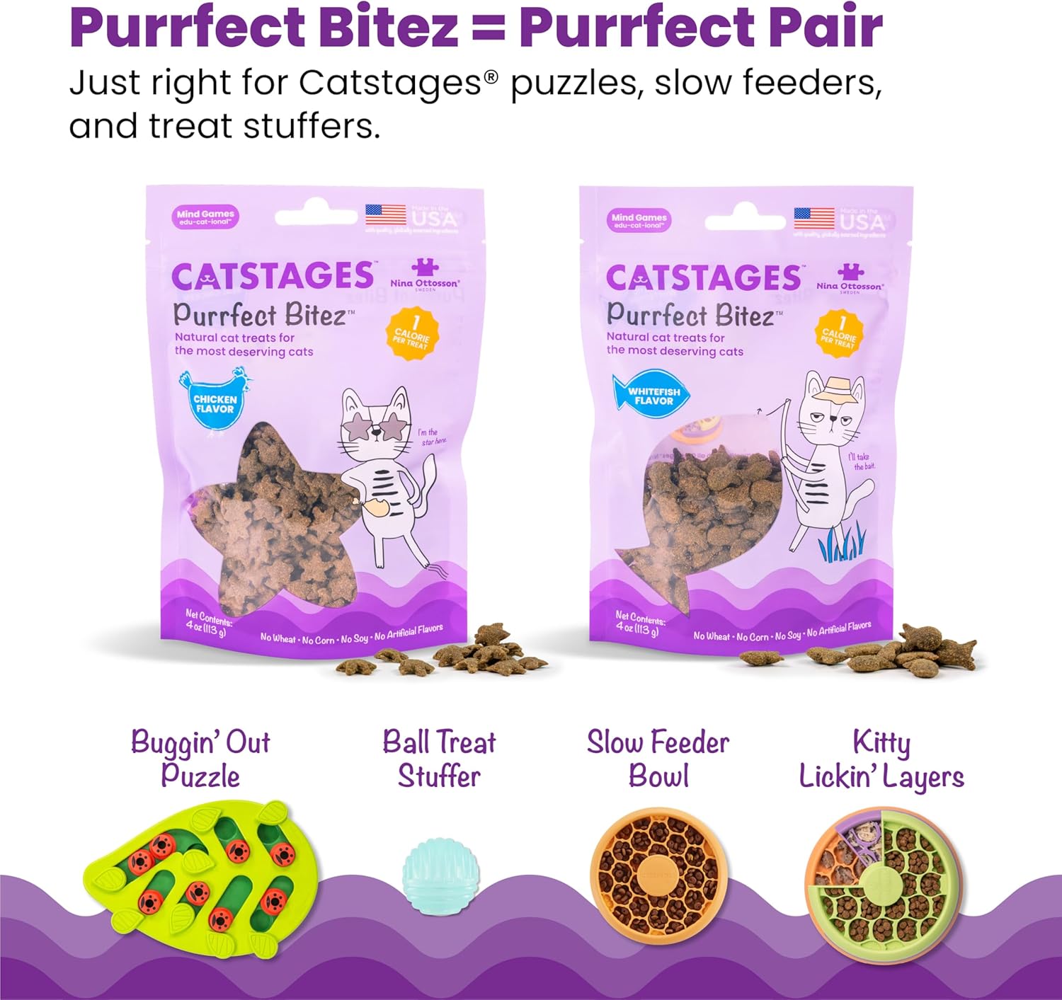 Cat treat feeder puzzle set with cat-shaped packaging and green puzzle feeder images