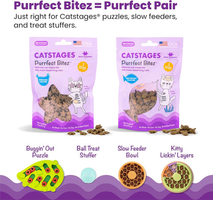 Cat treat feeder puzzle set with cat-shaped packaging and green puzzle feeder images