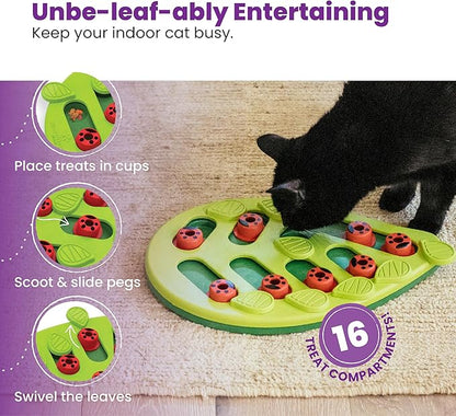 Black cat using a green leaf-shaped puzzle feeder with red ladybug treat pegs