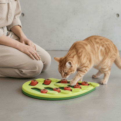 Orange tabby cat eating from a green leaf-shaped puzzle feeder with red ladybug pegs