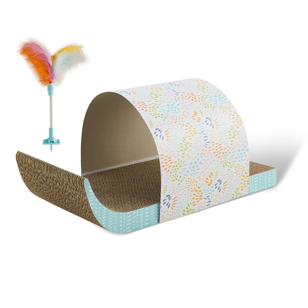 Cat tunnel scratcher with arched opening, patterned cardboard tube and side scratch ramp