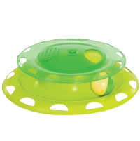 Green and yellow catnip chaser toy with vented clear dome and circular base openings