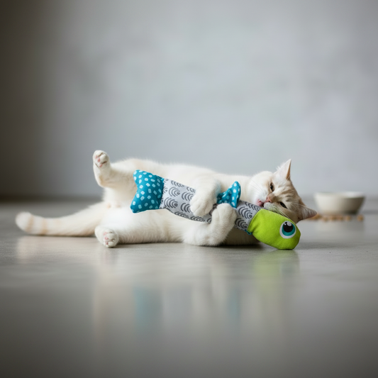 White cat hugging, wrestling and bunny kicking the Catstages Catnip Crunch Fish catnip toy during active indoor play.