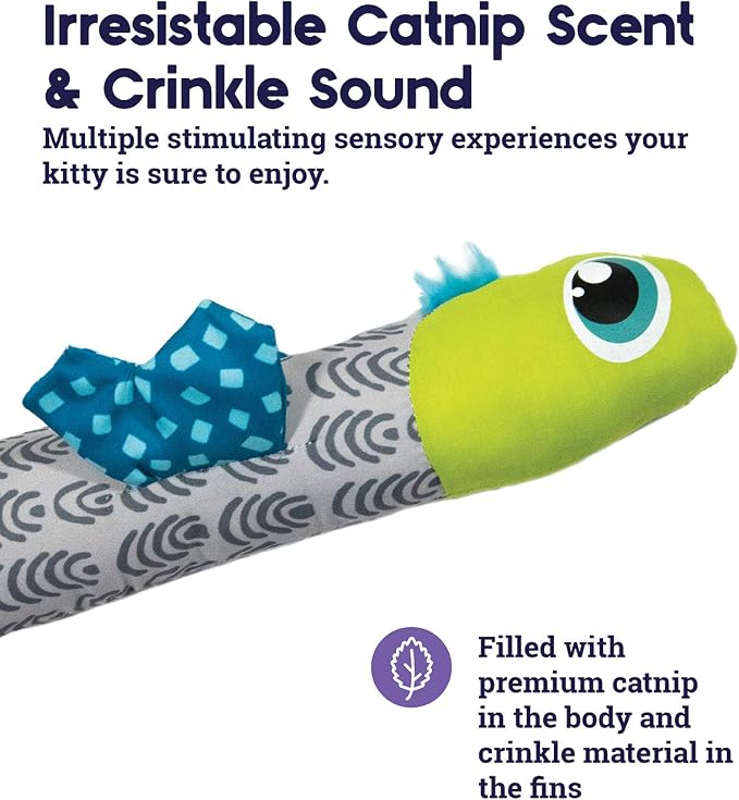 Plush catnip fish toy with lime-green head, gray wave body, blue fins, and crinkle material