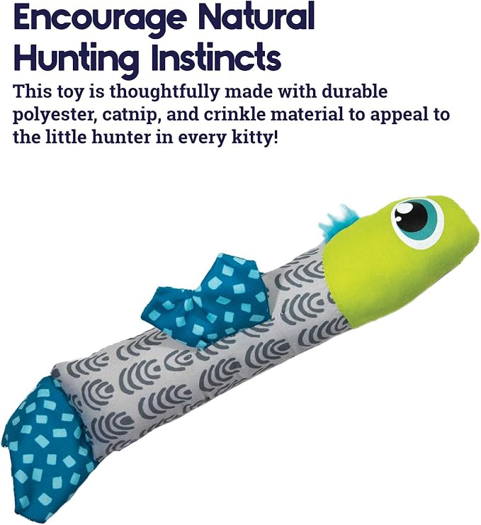 Plush catnip fish toy with lime-green body, blue fin detail, and gray wave pattern