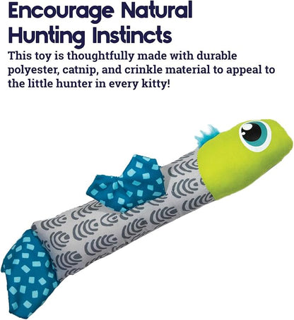 Plush catnip fish toy with lime-green body, blue fin detail, and gray wave pattern