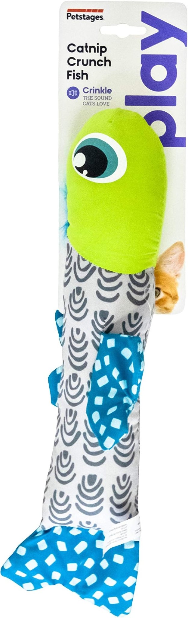 Catnip fish cat toy in package, lime-green fish with blue fin and gray wave-pattern body