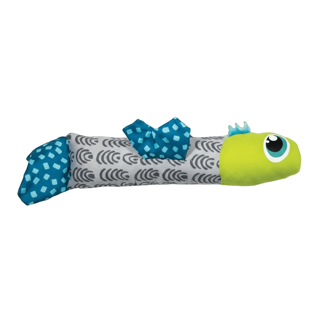 Plush catnip fish toy with lime-green head, blue fins, and gray wave-pattern body