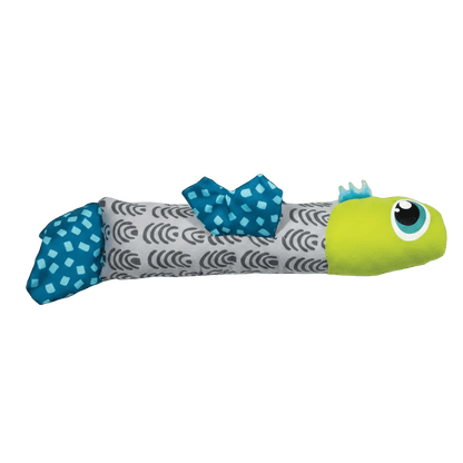 Plush catnip fish toy with lime-green head, blue fins, and gray wave-pattern body