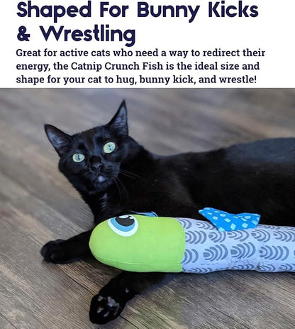 Plush catnip fish toy with lime-green head, blue fin, and gray wave-pattern body
