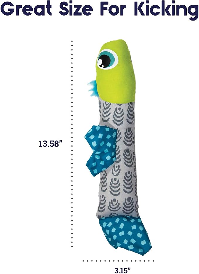 Plush catnip fish toy with lime-green head, gray wave body, and blue fin tails