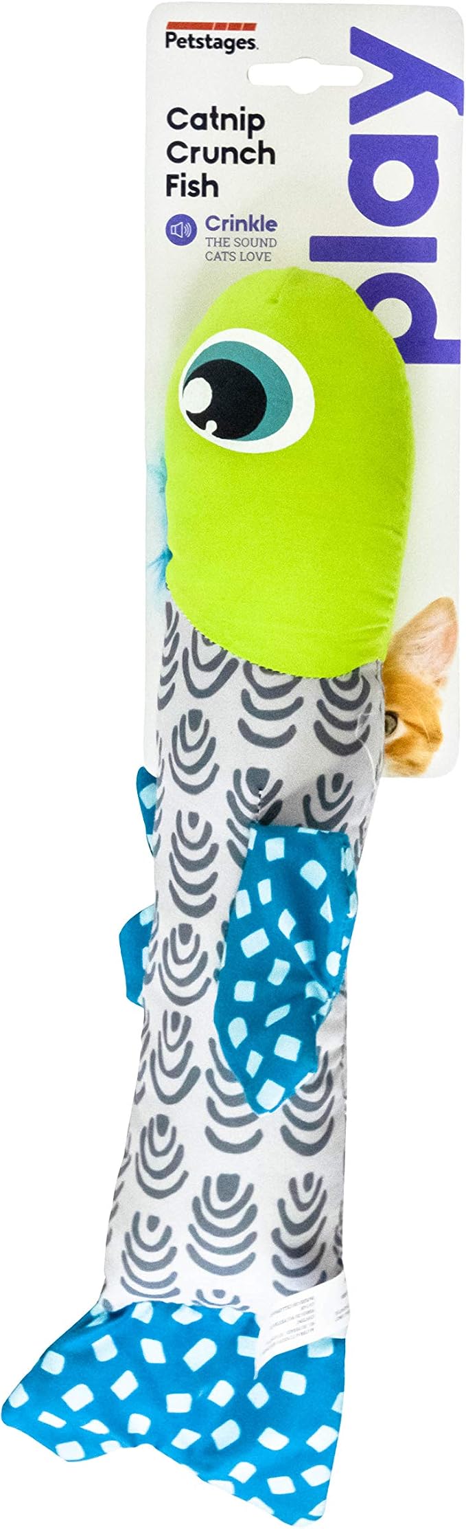 Retail packaging of the Catstages Catnip Crunch Fish cat toy with catnip and crinkle features.