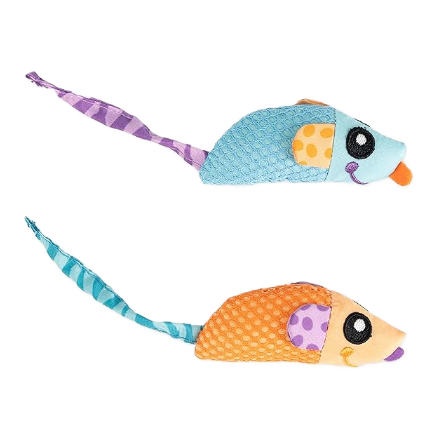 Plush catnip dental chew mice toys, light blue and orange with purple tails