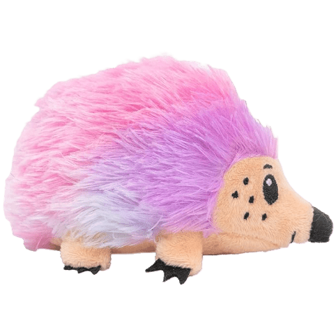 Lavender-pink hedgehog catnip plush with tan face, dotted eyes, and black snout