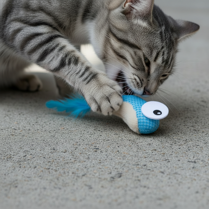 Cat playing with a blue and white catstages dental shrimpies toy on a concrete surface