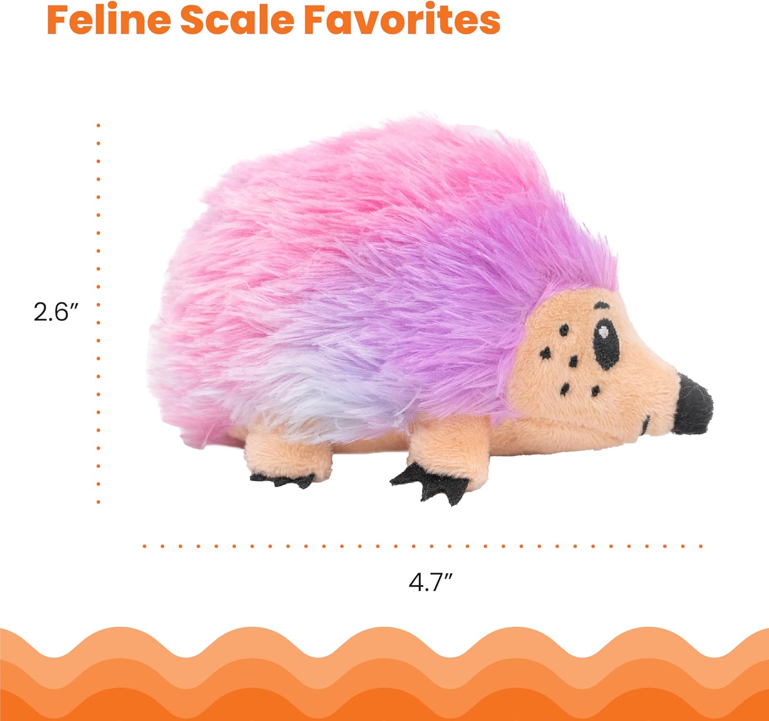 Plush hedgehog toy with gradient pink and purple fur, labeled 'Feline Scale Favorites', on a white background.