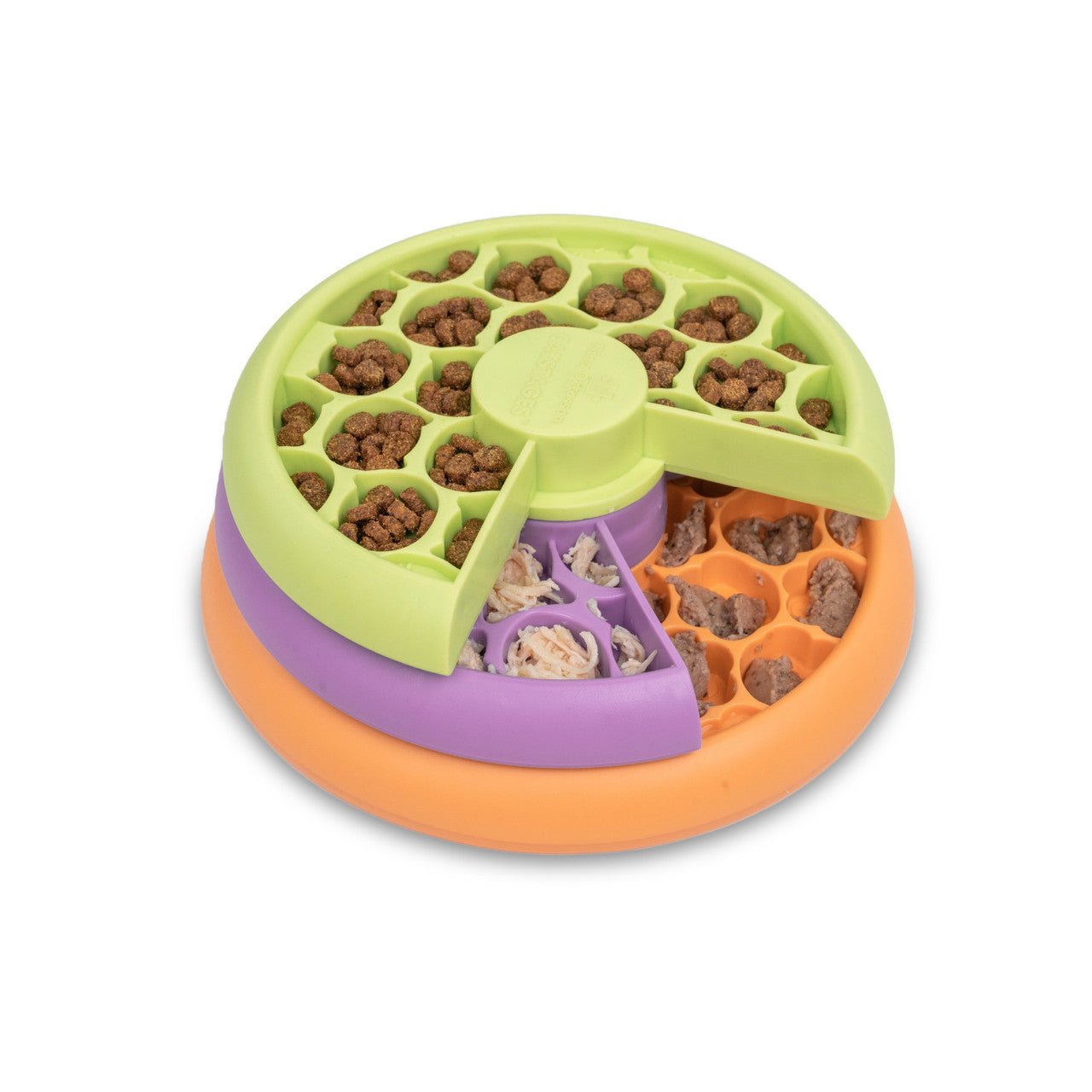 Multilayer rotating cat feeder bowl with lime, purple, and orange sections