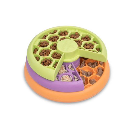 Multilayer rotating cat feeder bowl with lime, purple, and orange sections