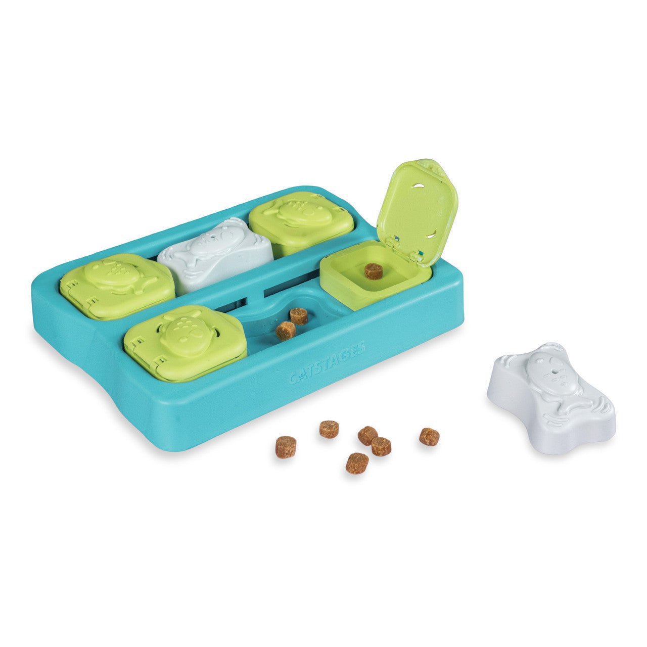 Blue cat treat cube puzzle with green sliding lids and hidden compartments