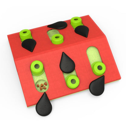 Red cat treat puzzle board with green pegs and black sliding pieces