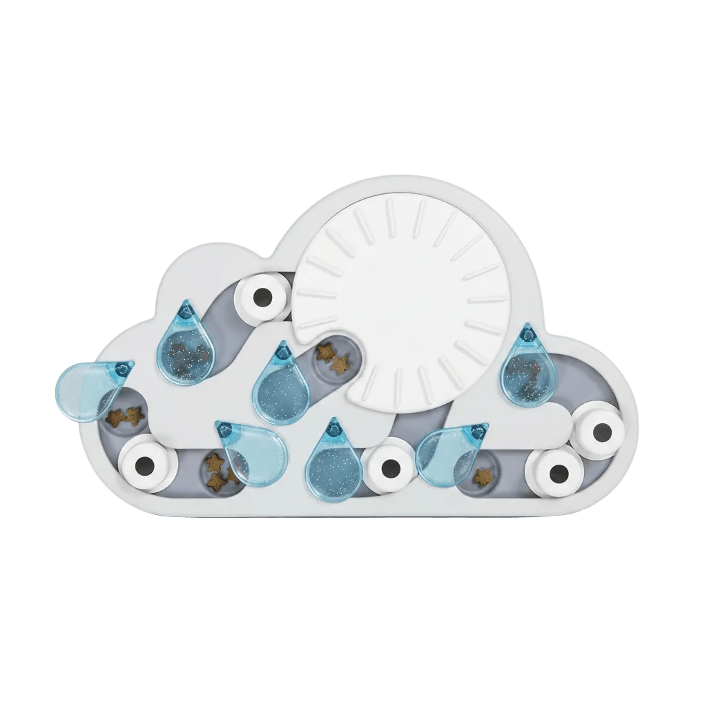 Cloud-shaped cat puzzle board with blue raindrop pieces and replaceable round inserts