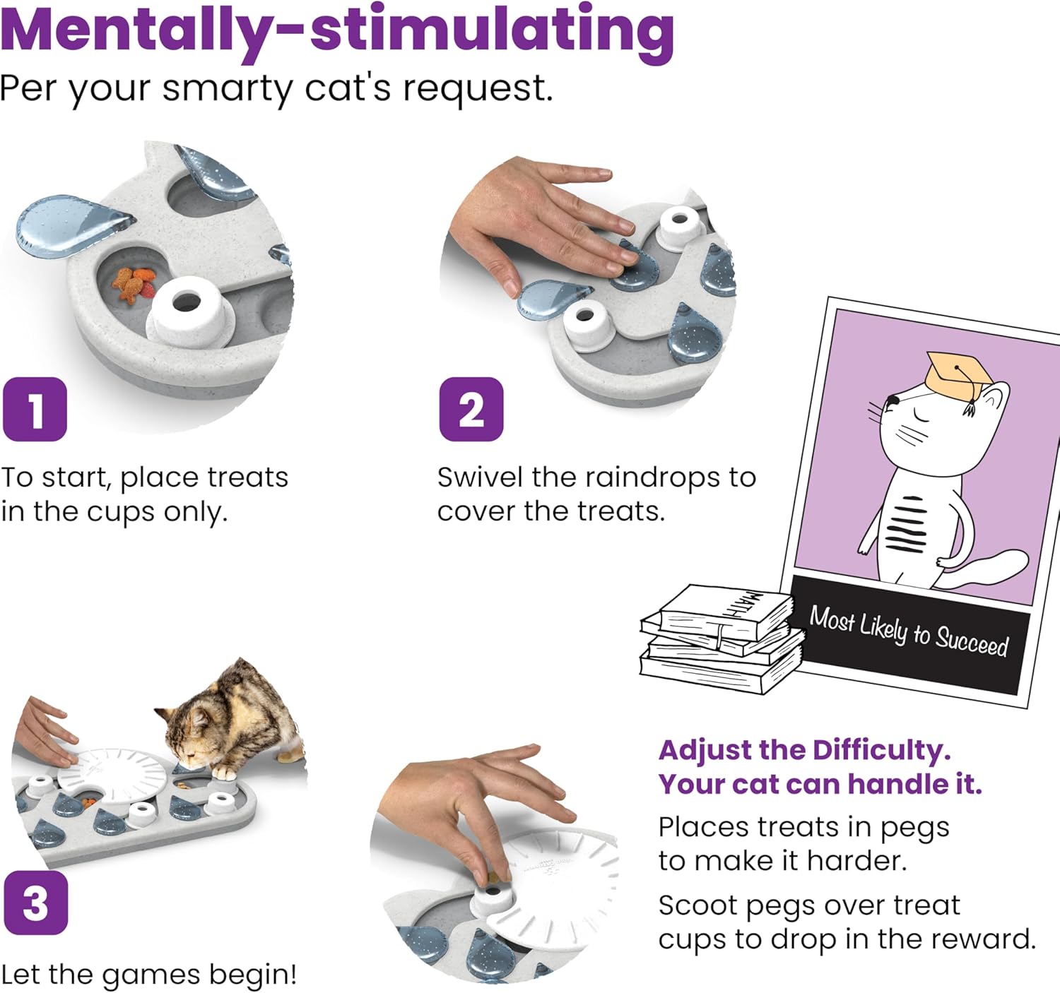 Cloud-shaped cat treat puzzle shown with hands and numbered setup steps
