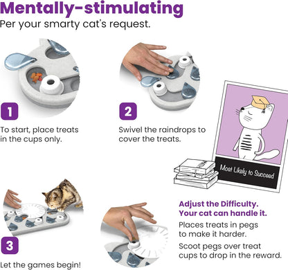 Cloud-shaped cat treat puzzle shown with hands and numbered setup steps