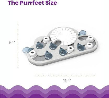 Cloud-shaped cat treat puzzle with blue droplet pegs and round white wheel