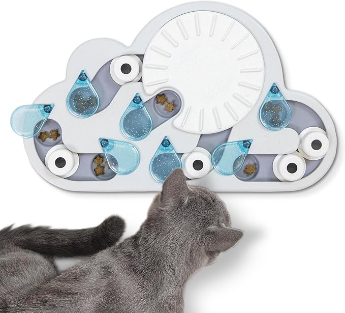 Cloud-shaped cat treat puzzle with blue droplet pegs and a white spinning wheel
