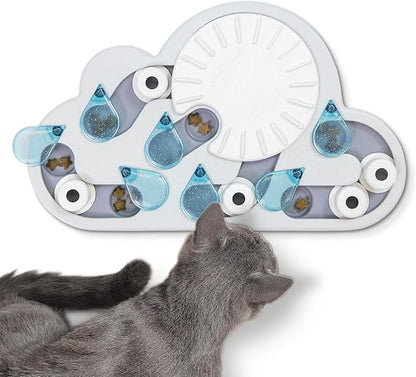 Cloud-shaped cat treat puzzle with blue droplet pegs and a white spinning wheel