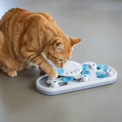 Orange tabby cat sniffing a blue and white cloud-shaped treat puzzle feeder