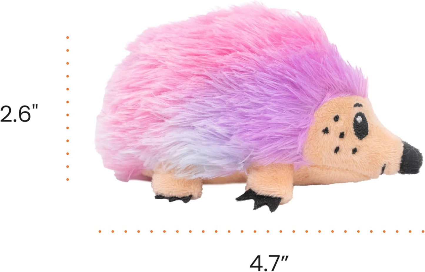 Plush hedgehog toy with gradient pink to purple fur, measurements indicated.