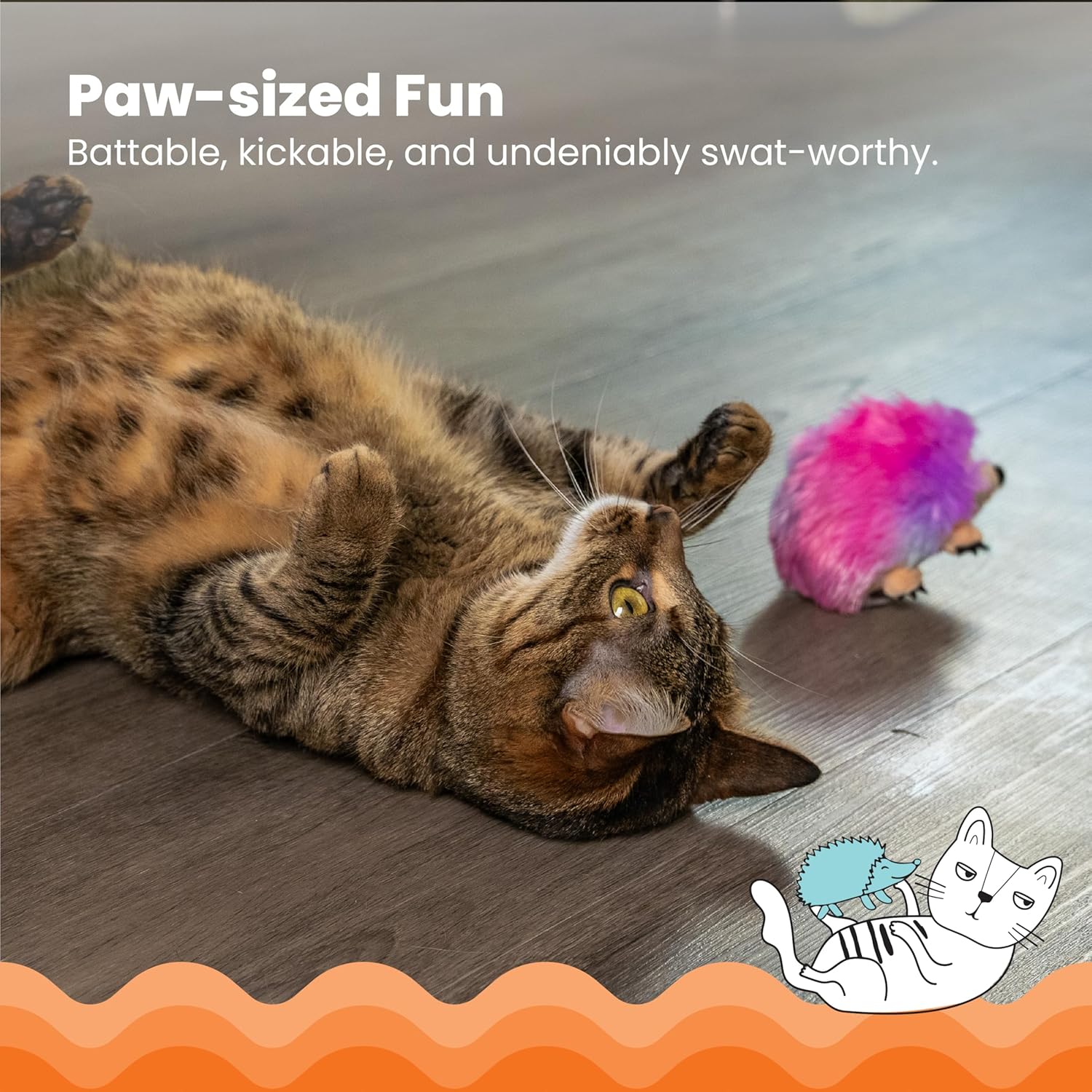 Cat playing with a colorful toy on a wooden floor, with text 'Paw-sized Fun' above.