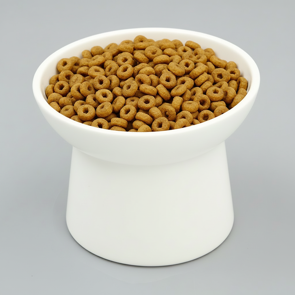 white elevated ceramic pet bowl with slanted design for cats