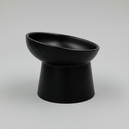 Black elevated ceramic pet bowl with slanted design for cats