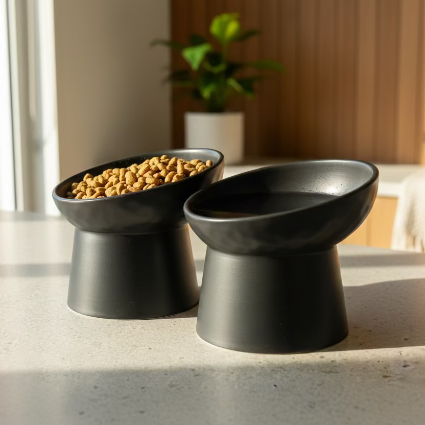 elevated ceramic pet bowl with slanted design for cats