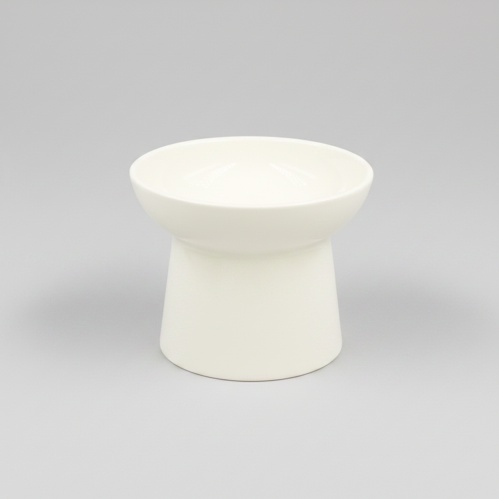 white elevated ceramic pet bowl with slanted design for cats