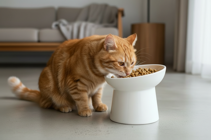white elevated ceramic pet bowl with slanted design for cats