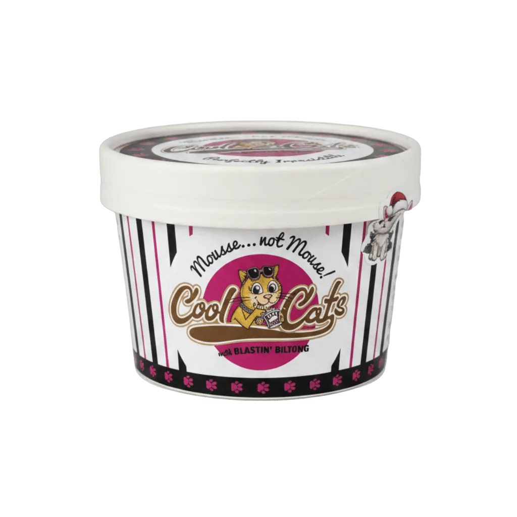 Cat mousse mix tub with Cool Cats label, Blastin' Biltong flavor