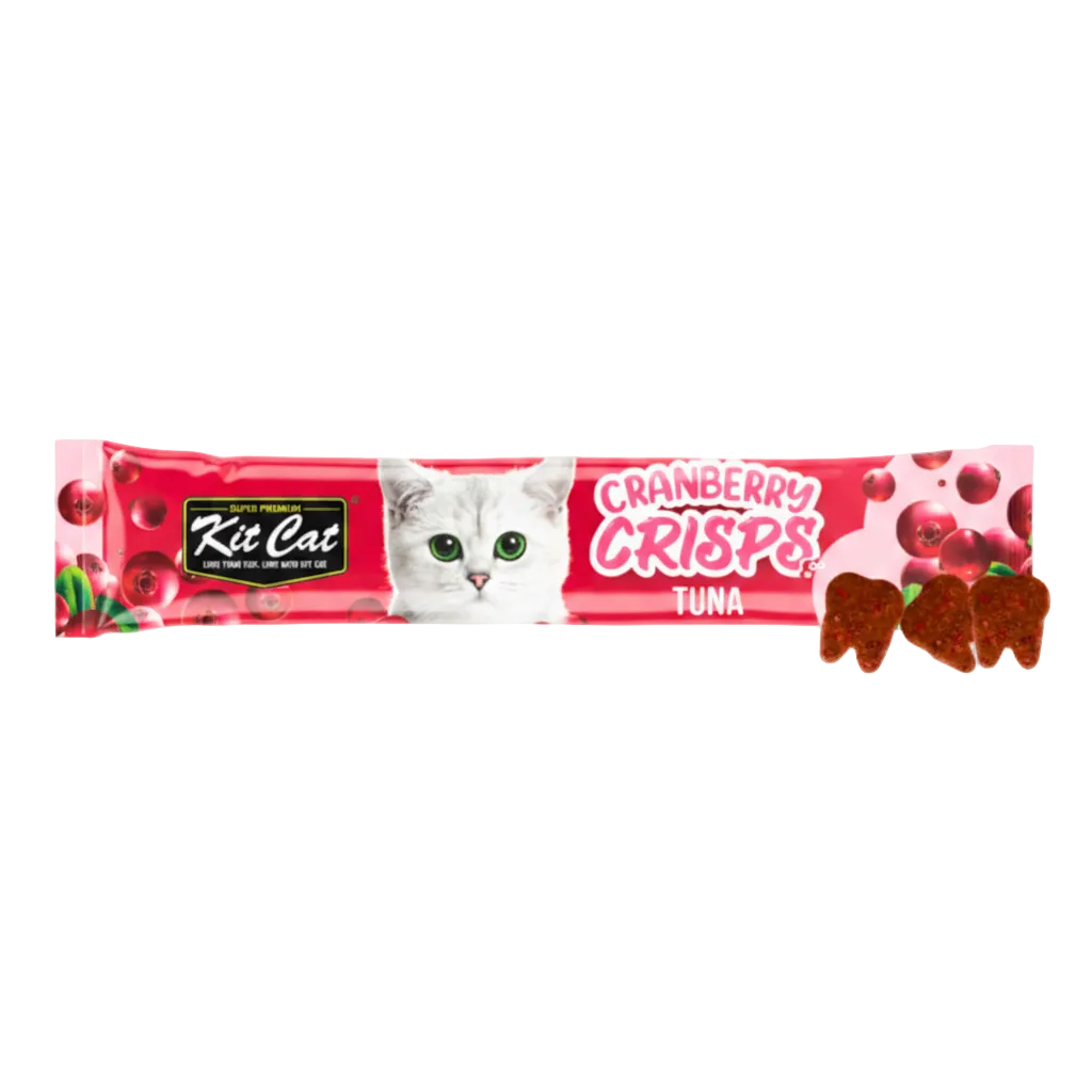 Kit Cat Cranberry Crisps Tuna treats shown beside the 20g sachet.