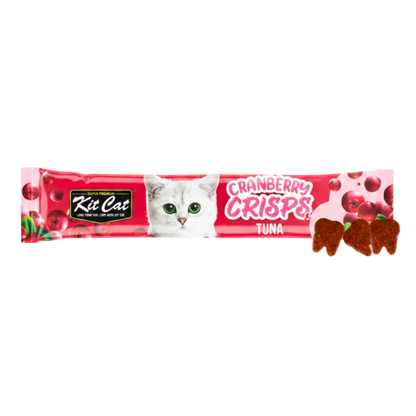 Kit Cat Cranberry Crisps Tuna treats shown beside the 20g sachet.