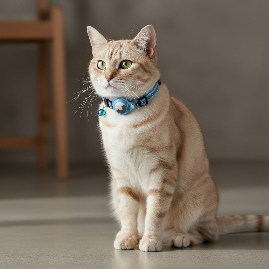 Cream cat wearing a blue AirTag-compatible collar with bell and tracker holder.
