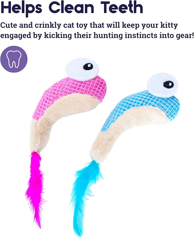 Two crinkly Catstages Dental Shrimpies cat toys with colorful designs on a white background