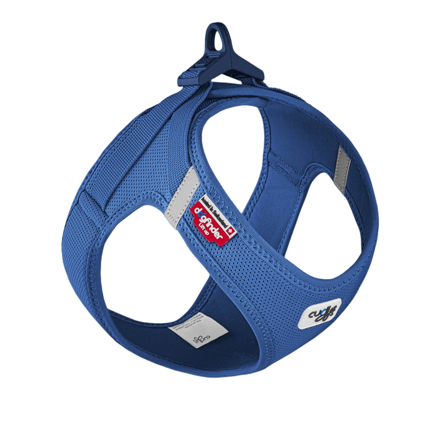 Blue air-mesh vest harness with adjustable clasp and side D-ring openings