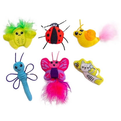 Set of colorful cat toys shaped like insects on a white background