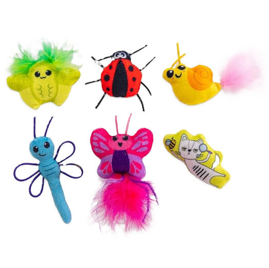 Set of colorful cat toys shaped like insects on a white background