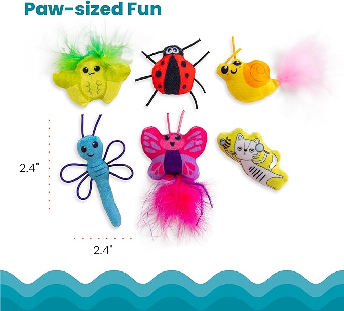 Colorful cat toys shaped like a butterfly, ladybug, caterpillar, and more with measurements on a white background.