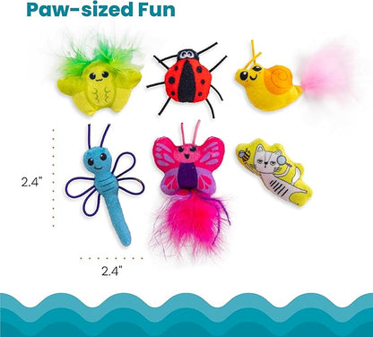 Colorful cat toys shaped like a butterfly, ladybug, caterpillar, and more with measurements on a white background.
