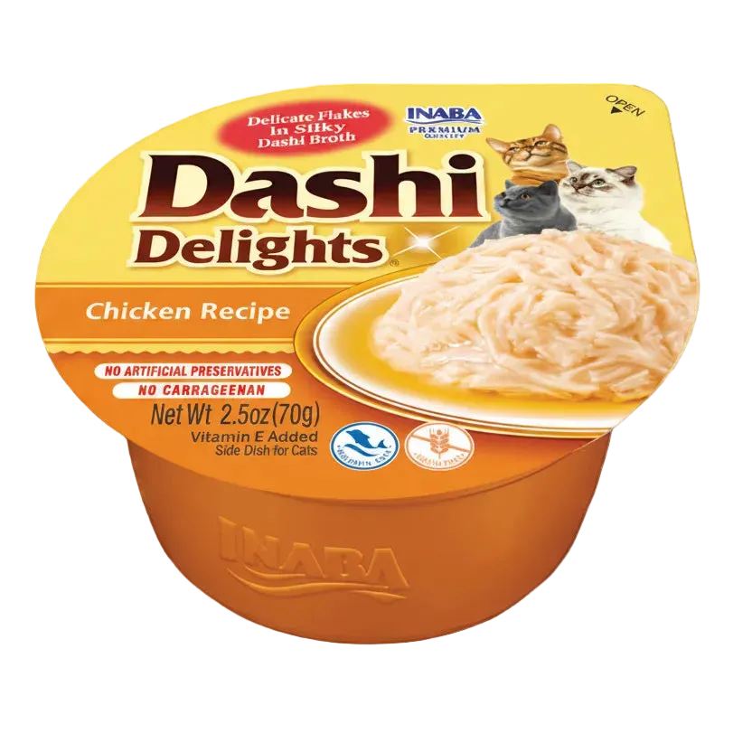Inaba Dashi Delights Chicken Recipe cat food topper in a 70 g single-serve cup with shredded chicken in silky dashi broth.